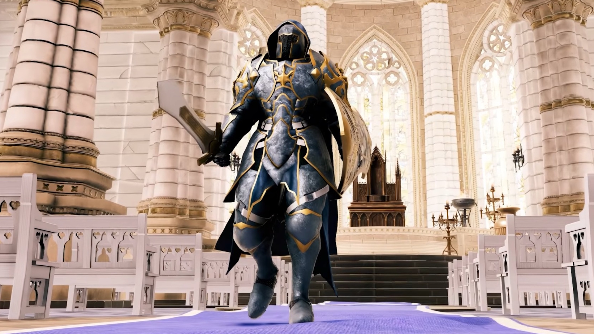 Armored tank warrior walking in cathedral