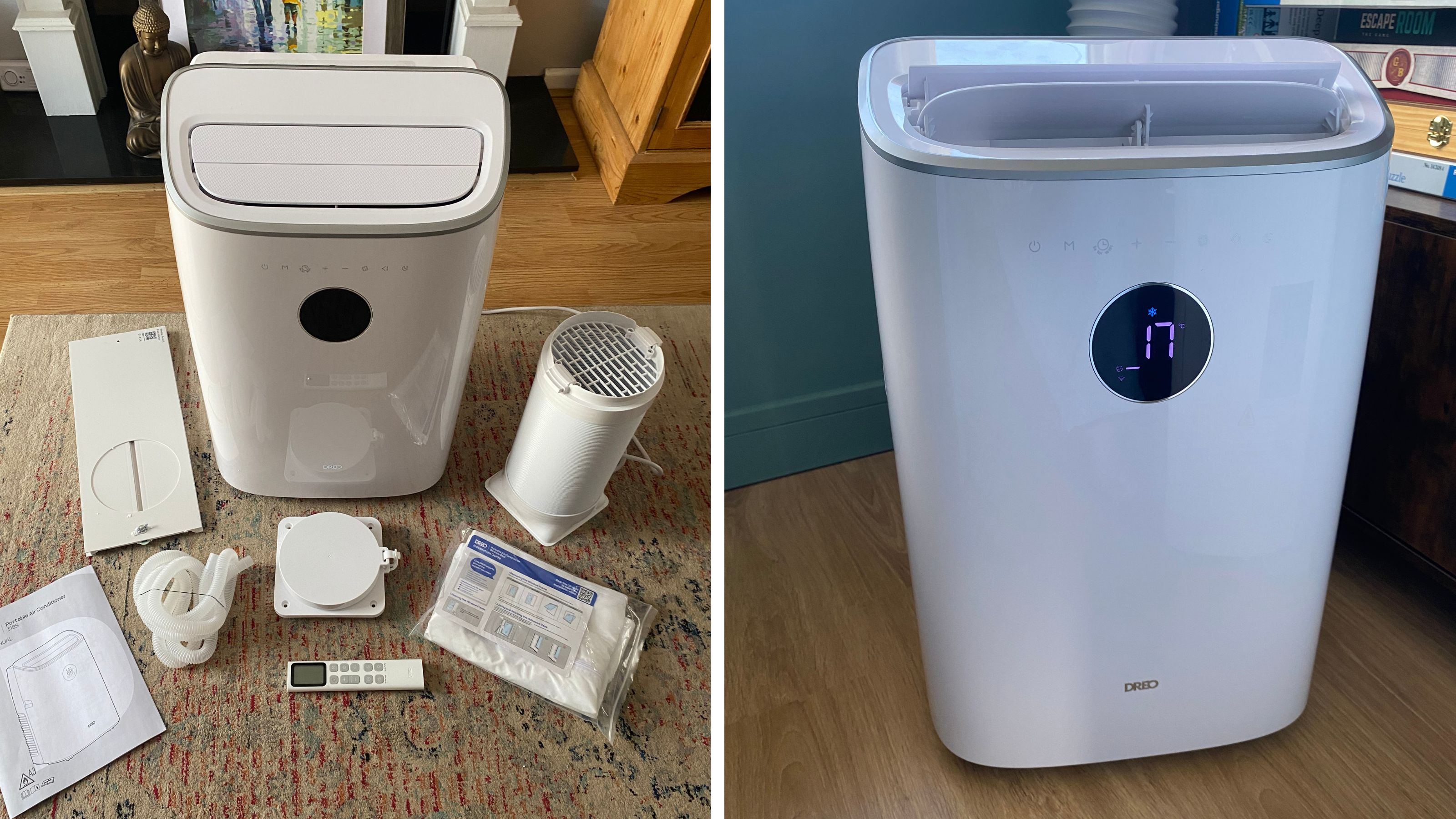 Spliced picture showing what you get in the box of the Dreo 318s portable air conditioner, and what it looks like in action