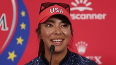 Alison Lee talks to the media before the Solheim Cup