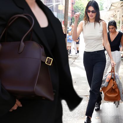 a collage of a woman carrying the row's margaux bag and Kendall Jenner carrying the row's margaux bag