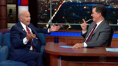 Joe Biden talks to Stephen Colbert