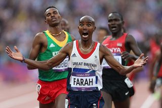 Mo Farah, who's real name is Hussein Abdi Kahin, pictured here winning gold at the London 2012 Olympics