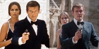 Roger Moore and Sam Heughan, side by side, in The Spy Who Loved Me.
