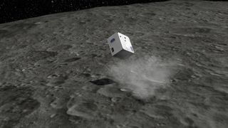 An artist's illustration of the MASCOT lander's bouncing touchdown on the big asteroid Ryugu on Oct. 2, 2018.