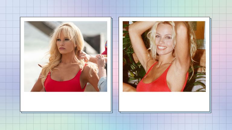 Collage of Lily James from Pam & Tommy alongside Pamela Anderson in her Baywatch red swimsuit