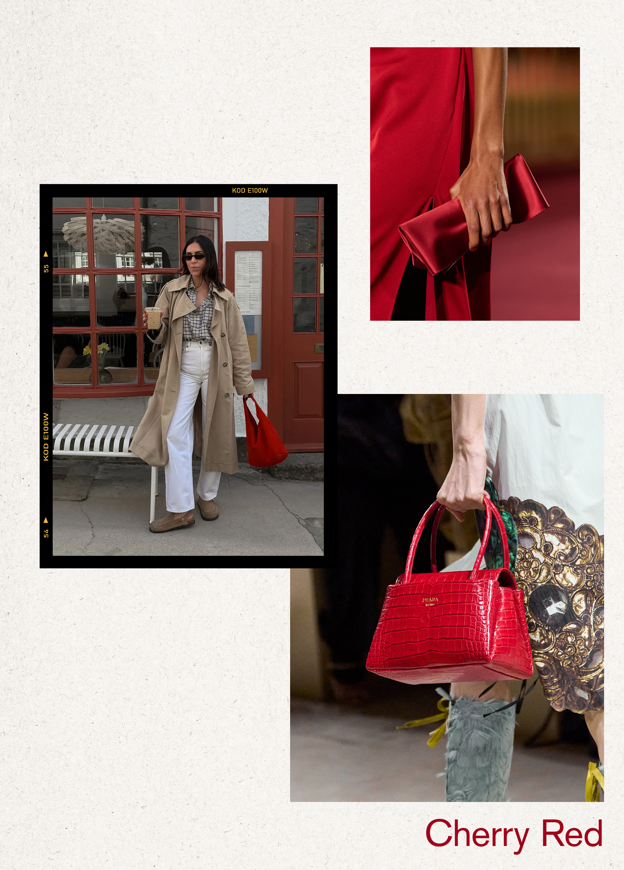 Collage of women, handbags, and runway imagery of the best spring 2026 handbag color trends.