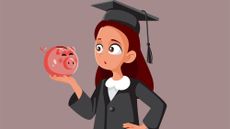 Illustration of a surprised student in a graduate cap and gown holding up a piggy bank 