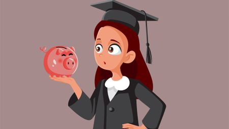 Illustration of a surprised student in a graduate cap and gown holding up a piggy bank 