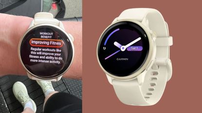 Grace Walsh wearing Garmin Vivoactive 6 on wrist on treadmill with 'Improving Fitness' on screen, next to product image of the watch