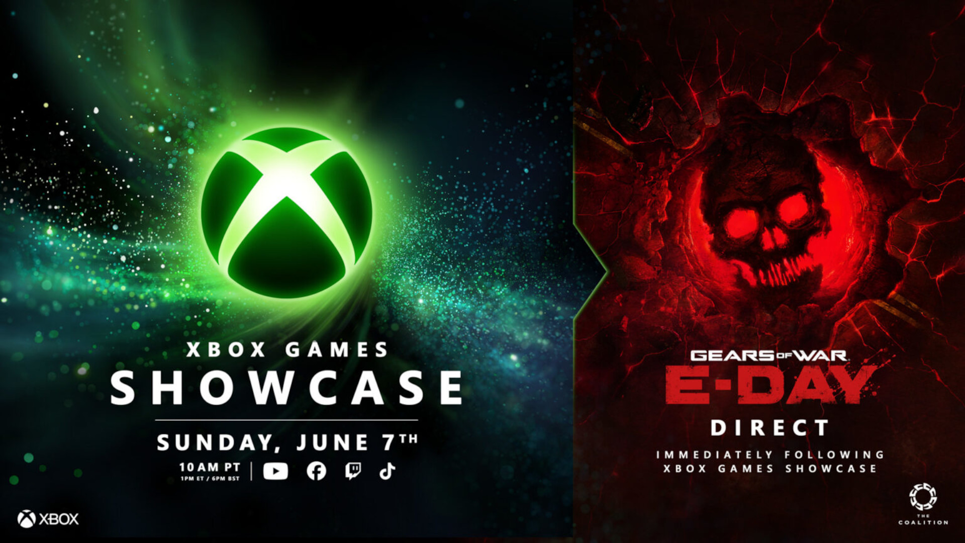 The Xbox Games Showcase thumbnail showing the Xbox logo next to a Gears of E-Day logo for the Gears of War E-Day Direct, which follows immediately after