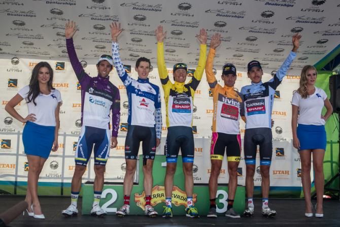The final jersey podium for the week(L-R): Michael Matthews, Michael Torckler, Tom Danielson, Francisco Mancebo and Lachlan Morton