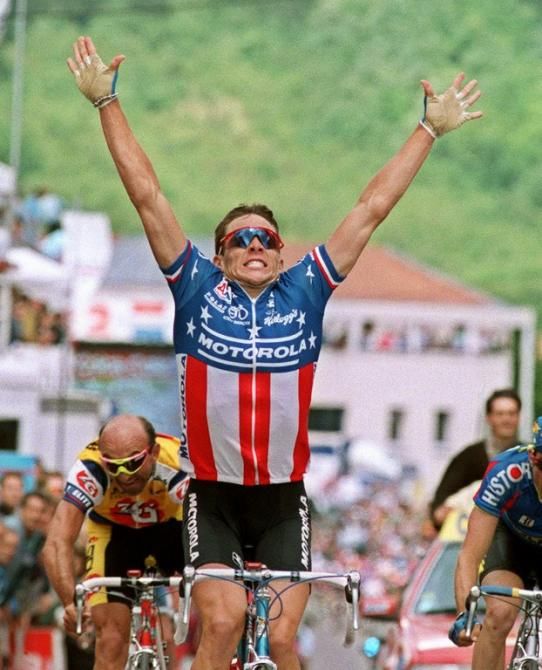 Lance Armstrong celebrates his first Tour de France stage win in Verdun in 1993