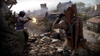 Sniper Elite Resistance review; a woman shoots at people and a man uses binoculars