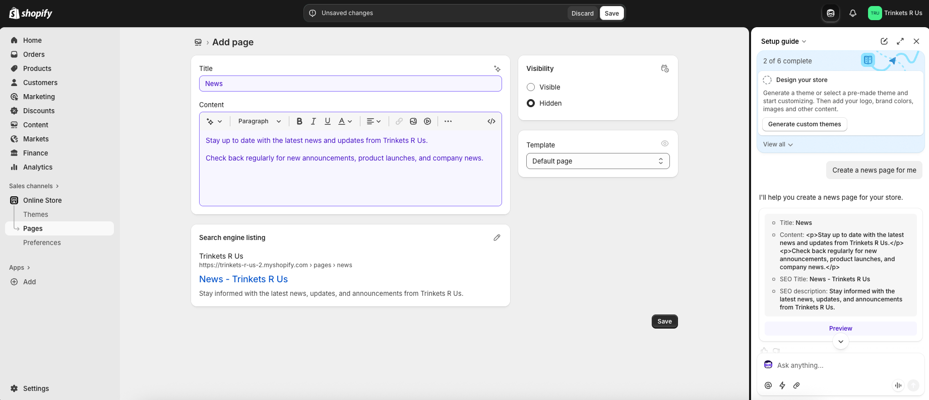 Screenshot of Shopify dashboard with the AI Sidekick tool being asked to create a news page for the website.
