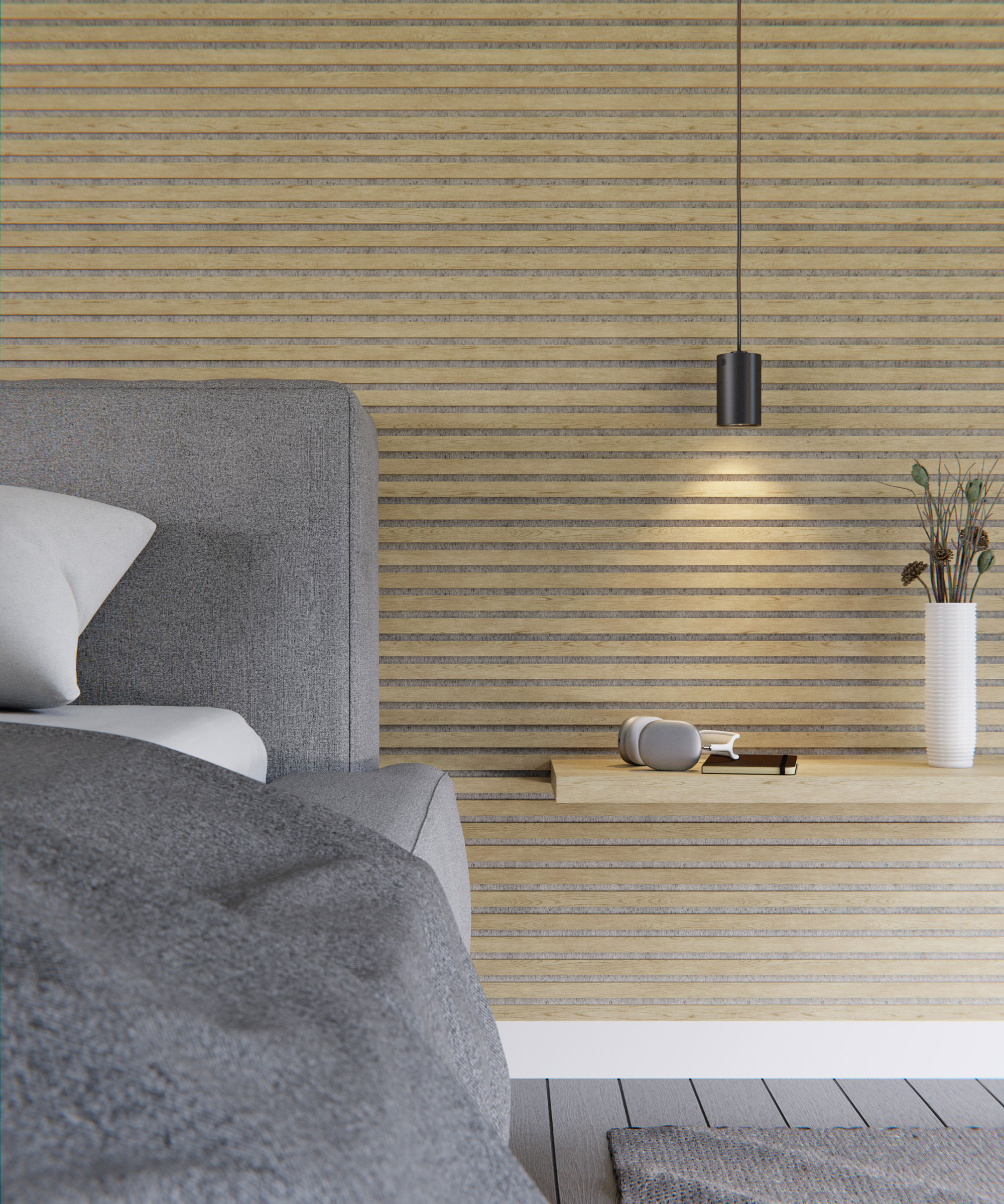 modern bedroom with pale fluted horizontal wall panelling set on felt backing and grey bedding