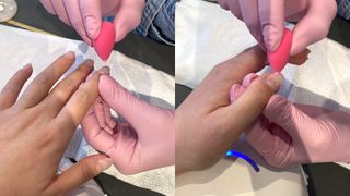 two images showing how to do ombré nails with a sponge