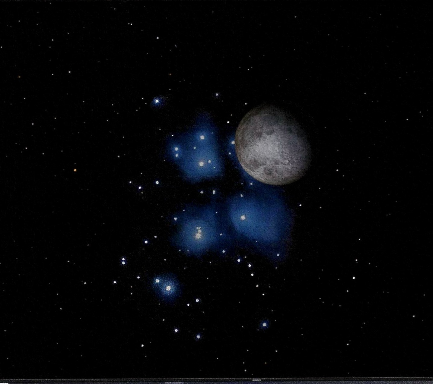 an illustration of the moon in front of a dense group of blue-white stars