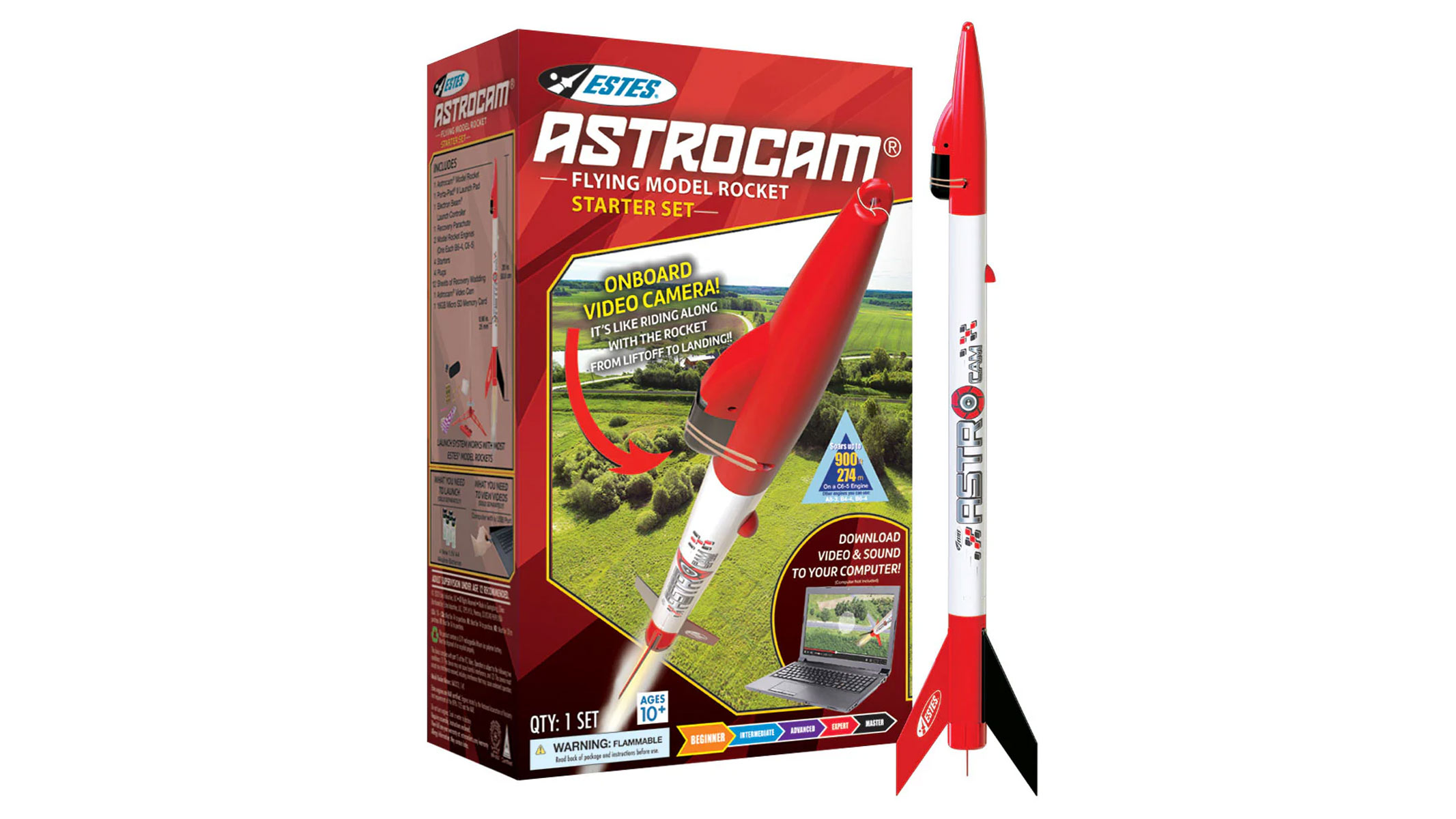 A largely white, thin, pointy rocket with a red tip and a red and black bottom is standing next to a red product box that reads "Astrocam" all on a white background.