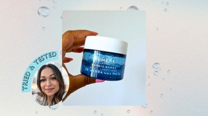 Aleesha holding Lumene Nordic Hydra [L&auml;hde] Hydrating Gel Mask next to a headshot with a badge reading 'tried & tested'