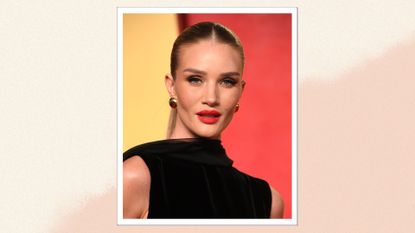 Rosie Huntington Whiteley is pictured wearing a black dress and red lip look whilst arriving at the 2024 Vanity Fair Oscar Party Hosted By Radhika Jones at Wallis Annenberg Center for the Performing Arts on March 10, 2024 in Beverly Hills, California/ in a cream and peach gradient template