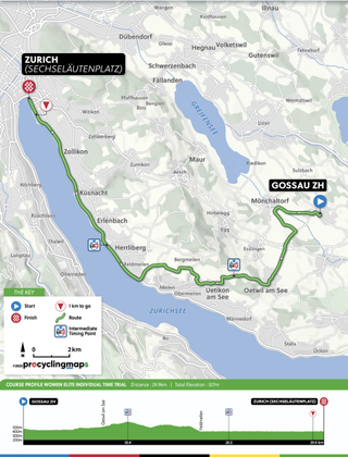 Course map and profile of the Women's Elite ITT at the Zurich UCI Road World Championships 2024