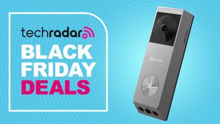 EZVIZ video doorbell on blue background with text reading "TechRadar Black Friday deals"