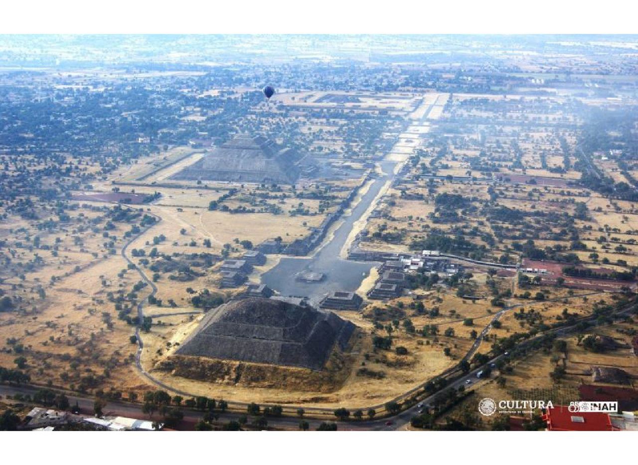 An aerial view of the pyramid in a town