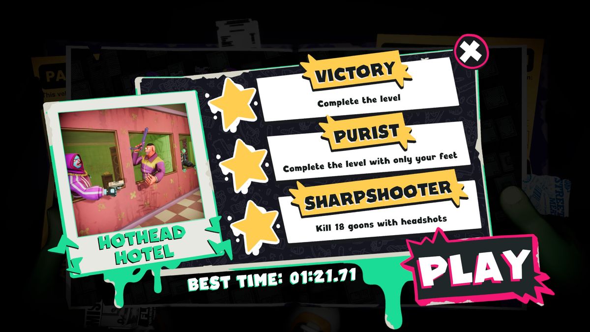"Hothead Hotel" screen showing foot-only and 18 headshot bonus objectives