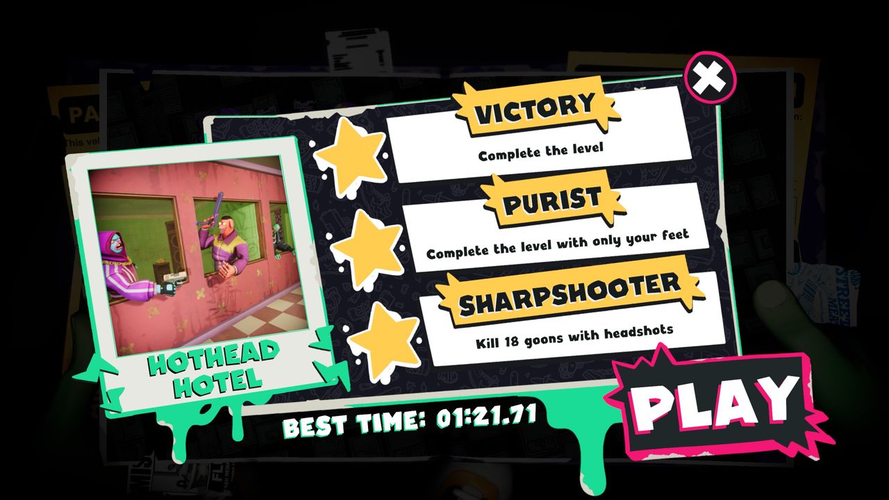 "Hothead Hotel" screen showing foot-only and 18 headshot bonus objectives