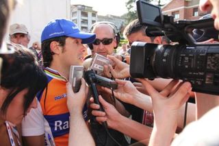 Oscar Freire (Rabobank) speaks to the media after stage five.