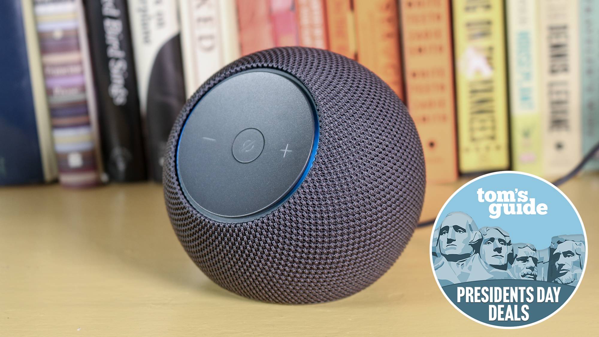 Echo Dot Max smart speaker on bookshelf