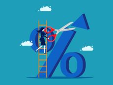 Tax deduction illustration - business woman climbing a ladder with a pair of scissors cutting through a percentage sign.