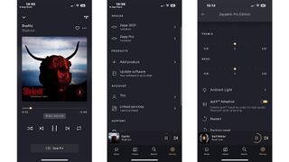 Three screenshots showing the B&W Music app in action