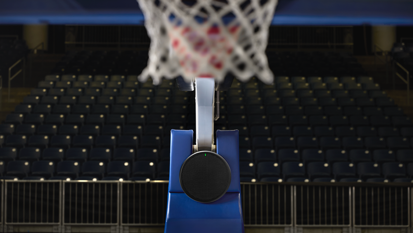 Shot of a basketball hoop with a remote camera and the new Shure DCA901 Digital Broadcast Microphone Array