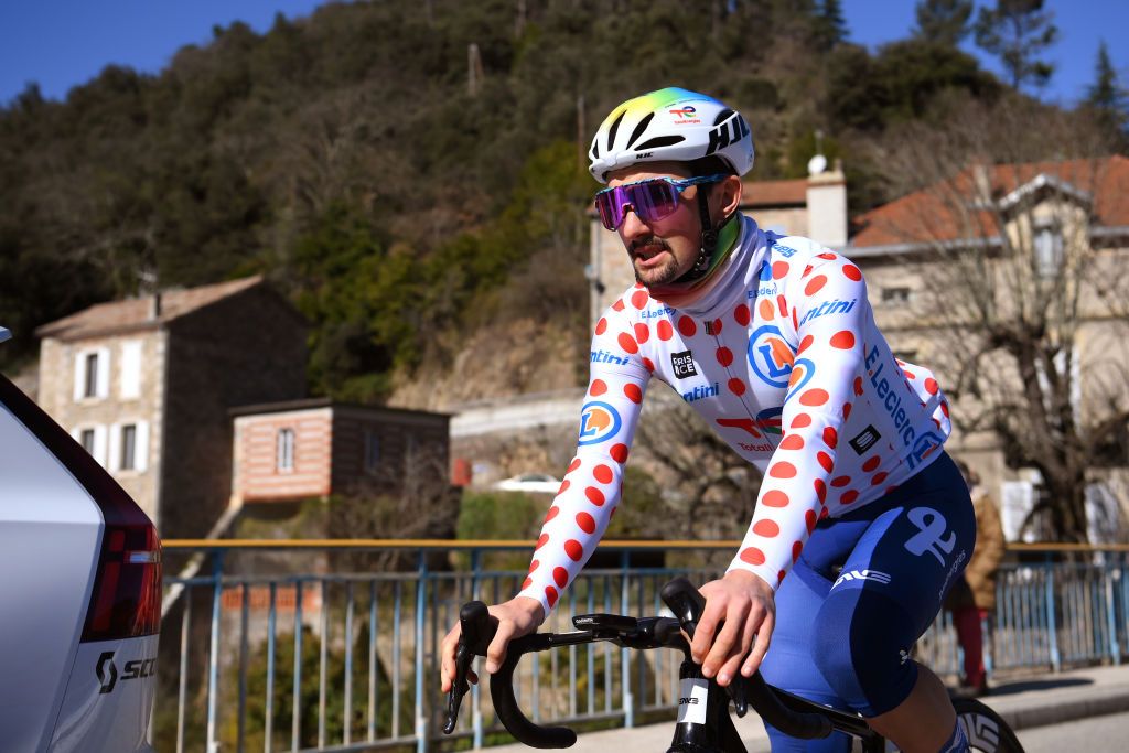 SAINTSAUVEURDEMONTAGUT FRANCE MARCH 07 Mathieu Burgaudeau of France and Team TotalEnergies Polka Dot Mountain Jersey prior to the 82nd Paris Nice 2024 Stage 5 a 1935km stage from SaintSauveurdeMontagut to Sisteron UCIWT on March 07 2024 in SaintSauveurDeMontagut France Photo by Alex BroadwayGetty Images