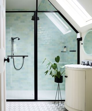 Blue and white bathroom, view from door, walk-in shower, white sinks, plant in tall planter