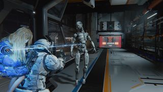 Hugh and Diana aiming at an android in Pragmata