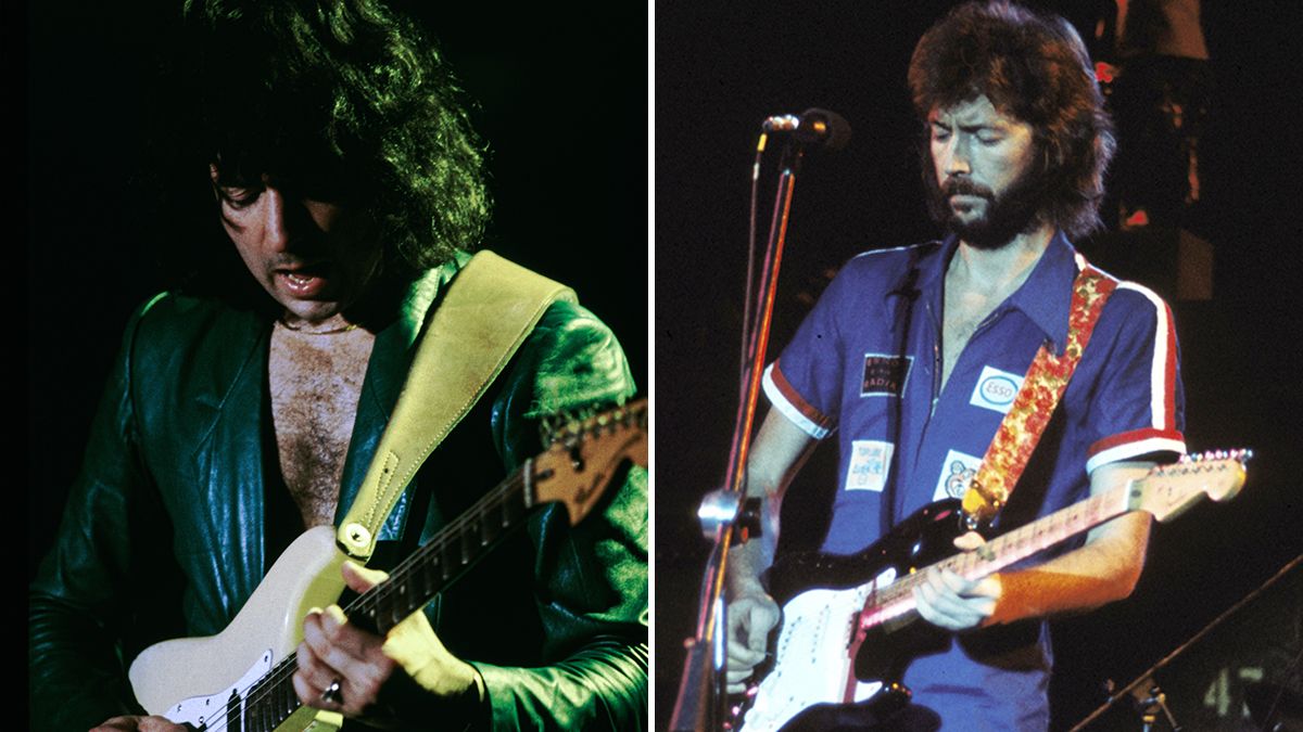 Ritchie Blackmore in 1968, and Eric Clapton in 1970, both playing live on stage