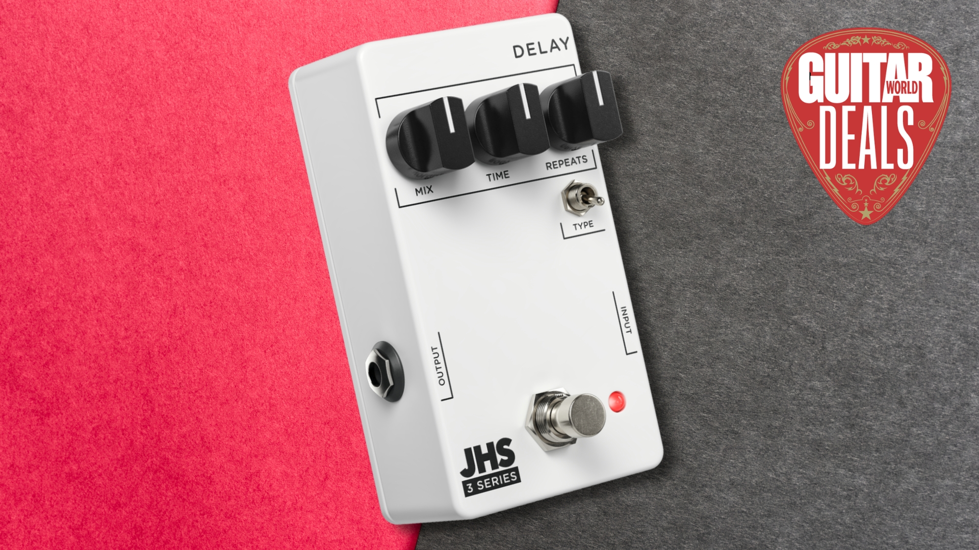 A JHS 3-Series Delay pedal on a black and red background