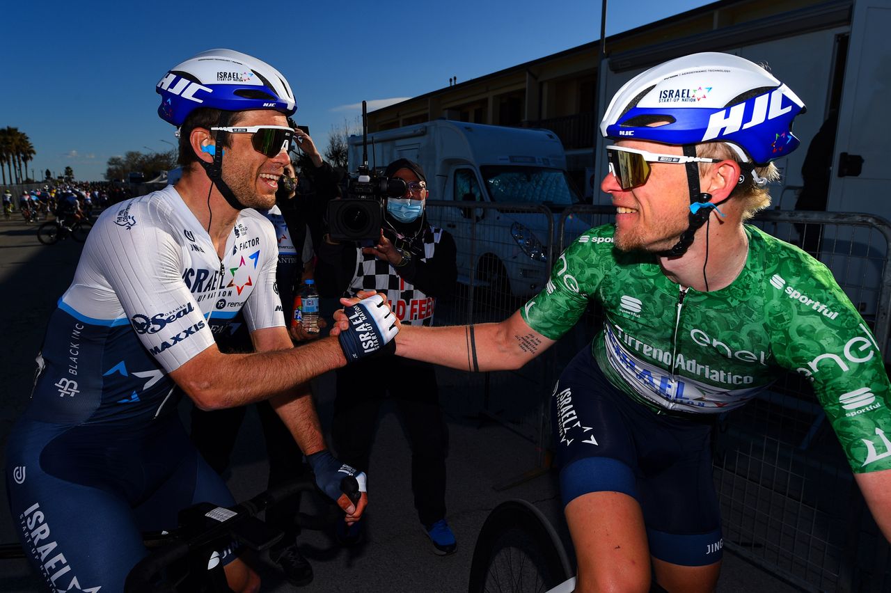 Tirreno Adriatico 2021 15032021 6th Stage Castelraimondo Lido di Fermo 169 km Mads Wurtz Schmidt DEN Israel StartUp Nation Guillaume Boivin CAN Israel StartUp Nation photo Dario BelingheriBettiniPhoto2021