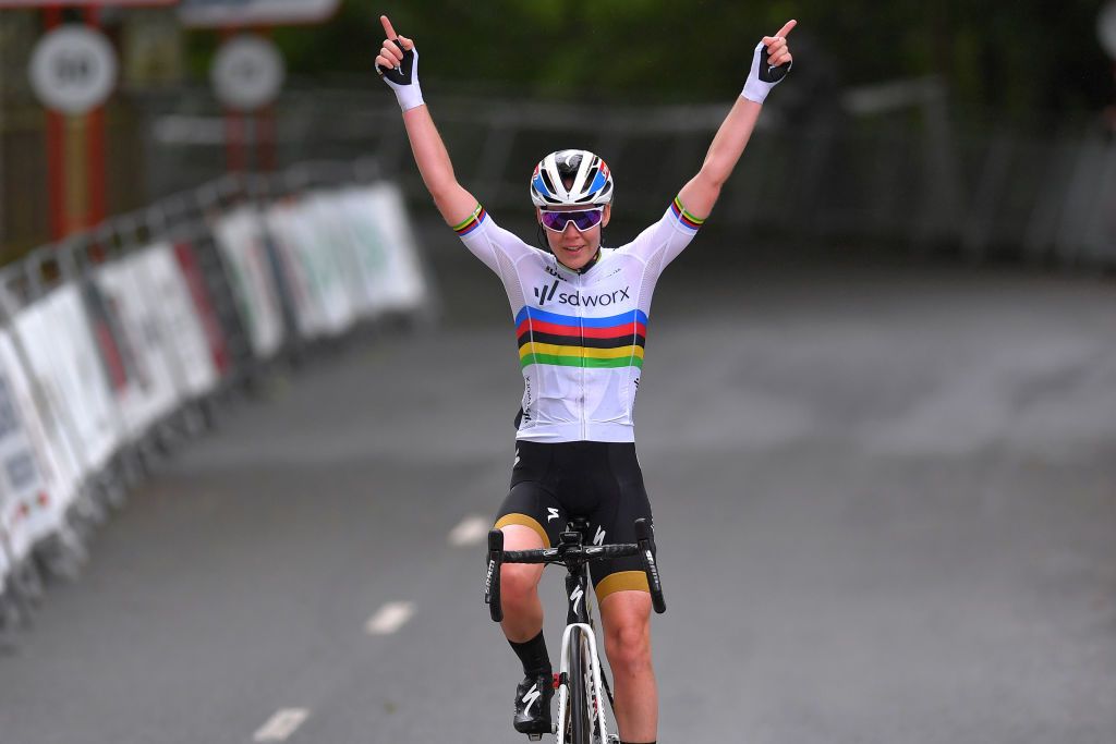 EIBAR SPAIN MAY 16 Anna Van Der Breggen of The Netherlands and Team SD Worx celebrates at arrival during the 3rd Gran Premio Ciudad De Eibar 2021 a 1172km race from Eibar to Arrate Alto Usartza 581m III Eibarko Hiria sari nagusia CiudaddeEibar21 CCEibarres on May 16 2021 in Eibar Spain Photo by Luc ClaessenGetty Images