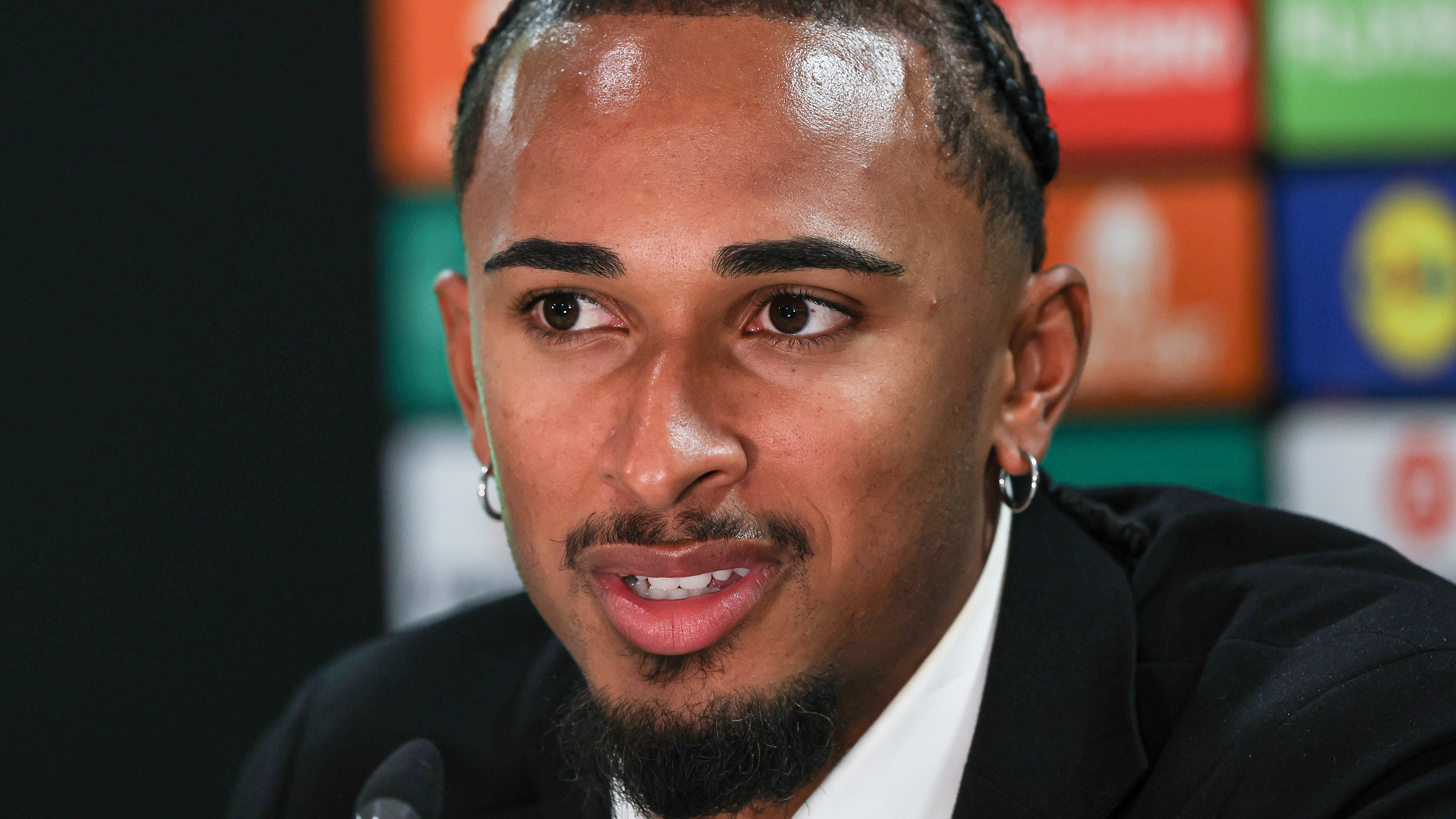 GLASGOW, SCOTLAND - OCTOBER 22: Emmanuel Aiwu during a SK Sturm Graz MD-1 press conference at Celtic Park, on October 22, 2025, in Glasgow, Scotland. (Photo by Craig Williamson/SNS Group via Getty Images)