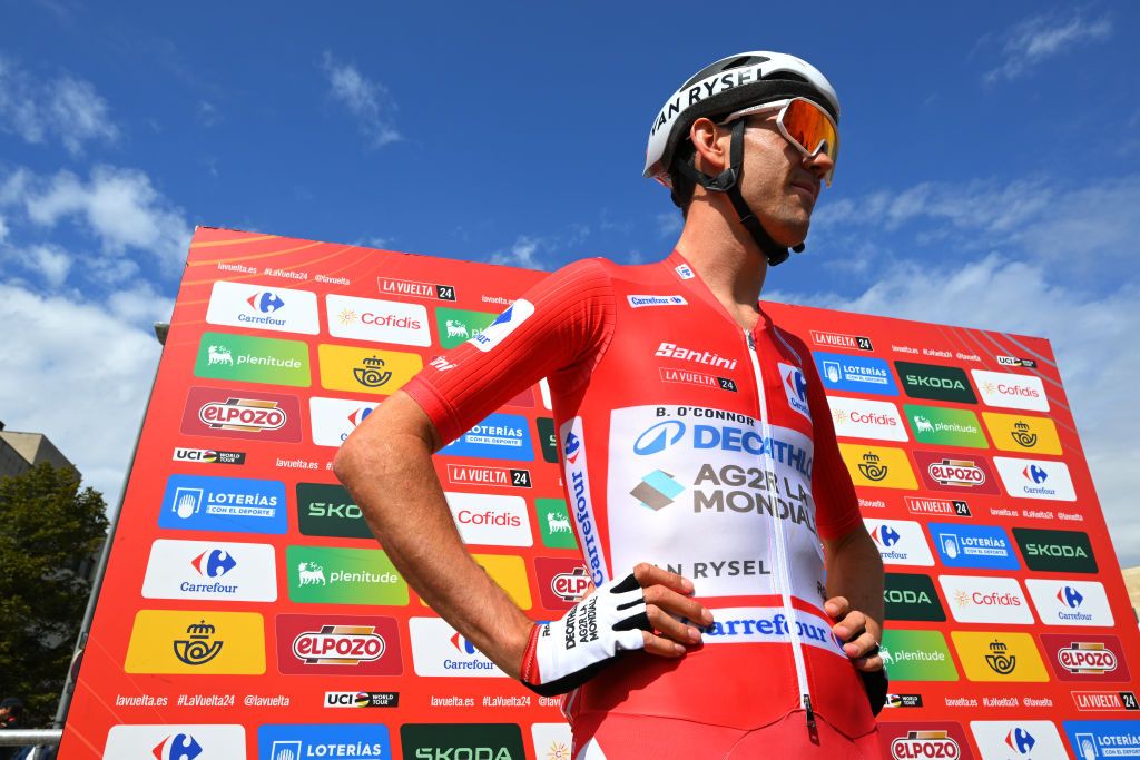 LOGRONO SPAIN SEPTEMBER 06 Ben OConnor of Australia and Team Decathlon AG2R La Mondiale Red Leader Jersey prior to the La Vuelta 79th Tour of Spain 2024 Stage 19 a 1735km stage from Logrono to Alto de Moncalvillo 1490m UCIWT on September 06 2024 in Logrono Spain Photo by Tim de WaeleGetty Images