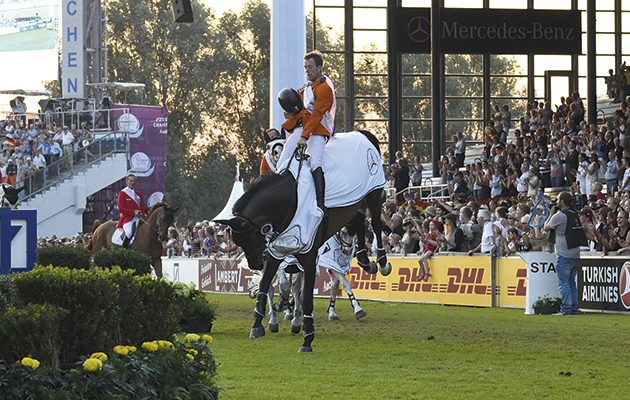 The winning Dutch team on their lap of honour ; Jeroen DUBBELDAM (NED) riding SFN Zenith N.O.P., Maikel VAN DER VLEUTEN (NED) riding VDL Groep Verdi Tn N.O.P., Jur VRIELING (NED) riding VDL Zirocco Blue N.O.P. and Gerco SCHR&amp;Ouml;DER (NED) riding Glock's Cognac Champblanc at the European Team Jumping competition at the FEI European Championships in Aachen, Germany on 21 August 2015 thrills and spills