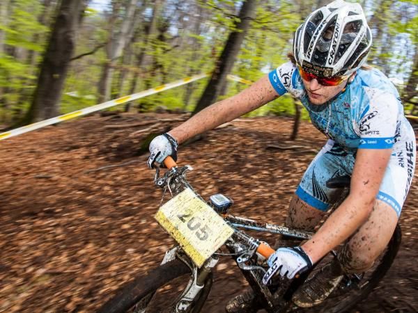 Kathrin Stirnemann (Sabine Spitz Haibike Pro Team) corners on a downhill