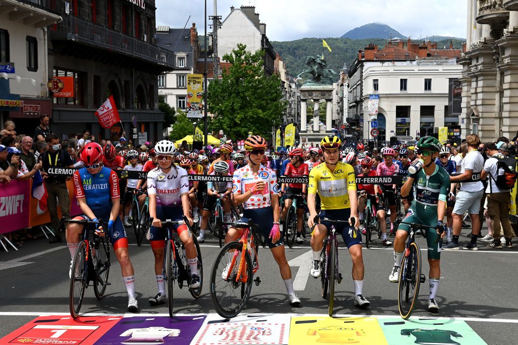 CLERMONTFERRAND FRANCE JULY 24 LR Marta Lach of Poland Cdrine Kerbaol of France and Team CERATIZITWNT Pro Cycling White best young jersey Katarzyna Niewiadoma of Poland and Team CanyonSRAM Racing Polka dot Mountain Jersey Lotte Kopecky of Belgium and Team SD Worx Protime Yellow leader jersey Ashleigh Moolman of South Africa and Team AG Insurance Soudal QuickStep Green points jersey prior to the 2nd Tour de France Femmes 2023 Stage 2 a 1517km stage from ClermontFerrandMauriac UCIWWT on July 24 2023 in ClermontFerrand France Photo by Tim de WaeleGetty Images