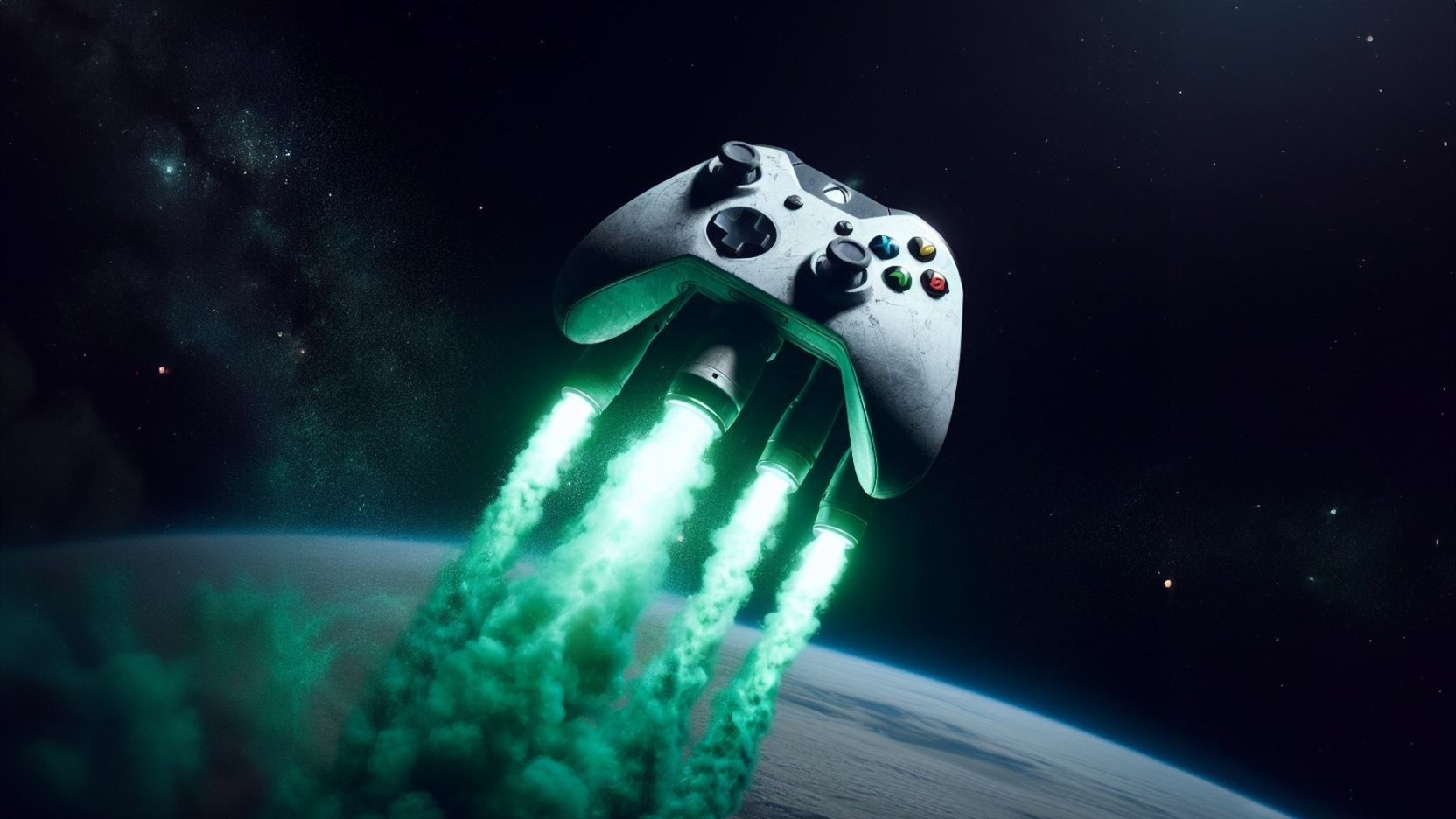 Cohete con controlador Xbox volando hacia el espacio