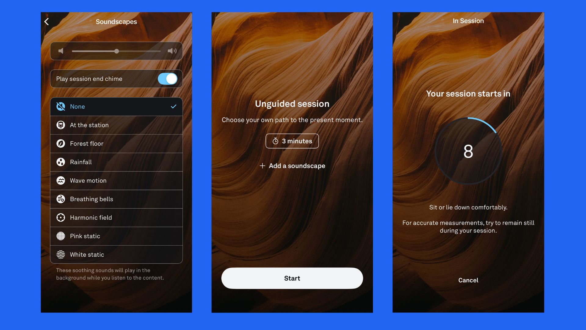 Screenshots of the Oura Ring 5 displaying Soundscapes menu and an unguided mediation session.