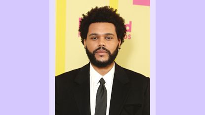  The Weeknd wears a black suit as he arrives to the 2021 Billboard Music Awards held at the Microsoft Theater on May 23, 2021 in Los Angeles, California./ in a blue/purple template