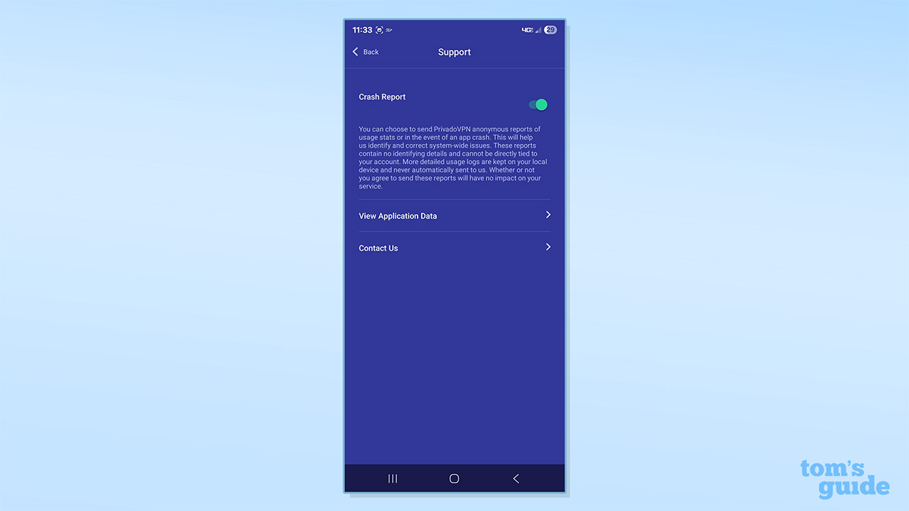 PrivadoVPN's customer support on its free Android app